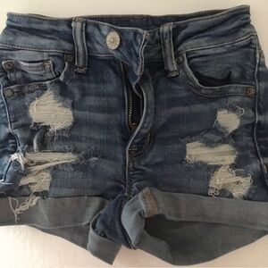 American Eagle Outfitters Distressed Dark Blue Roll-Cuff Denim Shorts